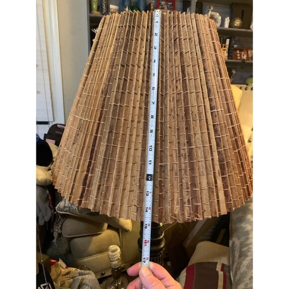 VTG MCM 60s Rattan Lamp Shade Pleated Palm Leaf Bamboo Natural Brown 15.5"Tall - Picture 5 of 16